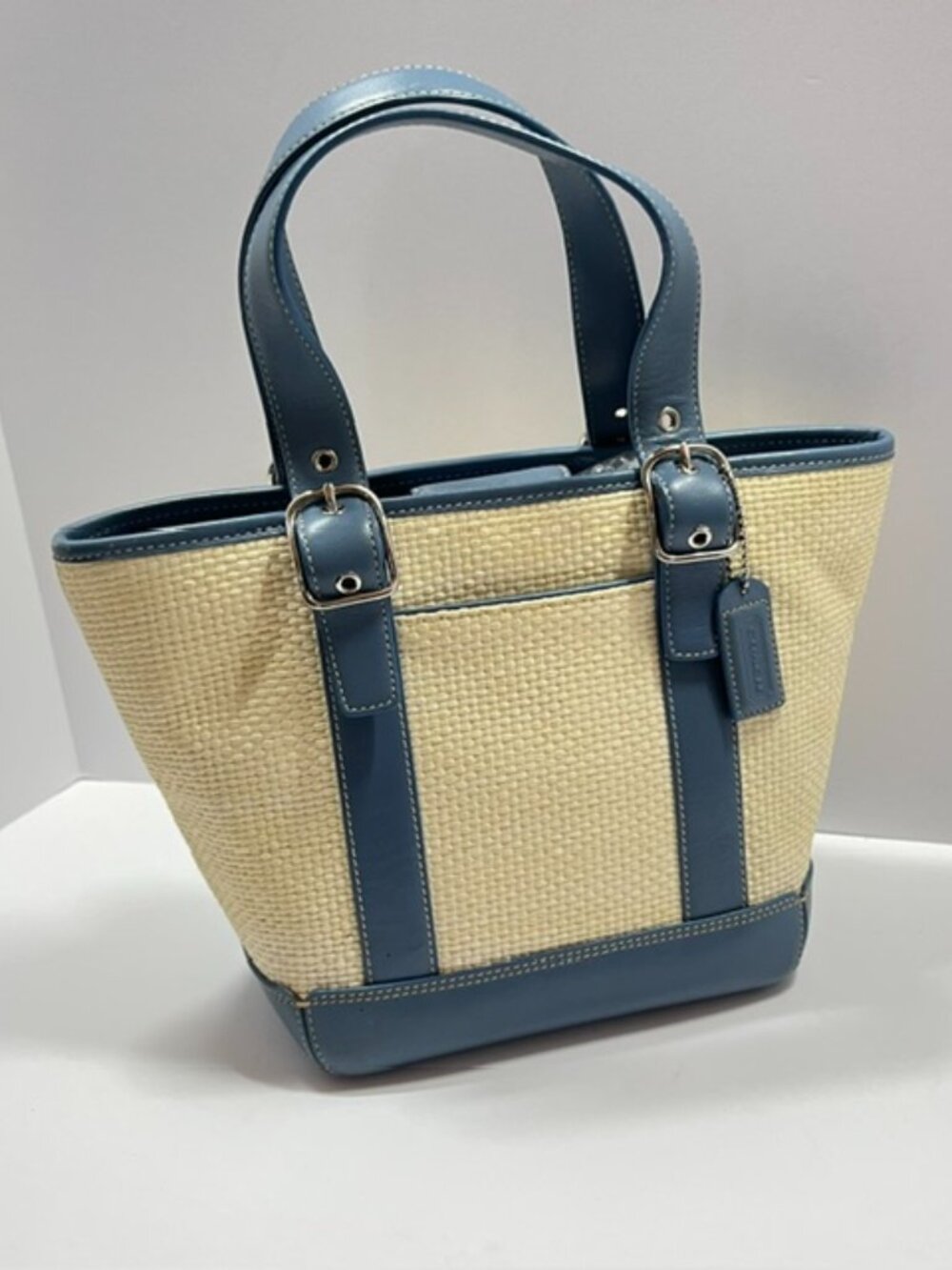 Vintage Coach Straw Basket Handbag with blue leather trim, Model B3K-8909